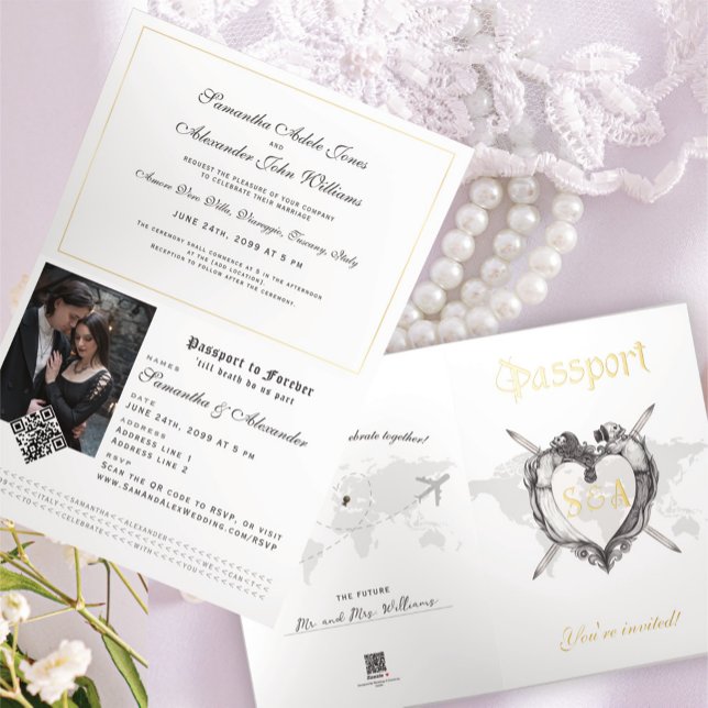 Skeletons gothiques Photo Passport Faire-part de m (Elegant Gothic Skeleton Passport Wedding Invitation with RSVP QR Code and Wedding Website Address)