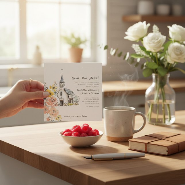 sketch Church Floral Watercolor Save the Date (Créateur téléchargé)