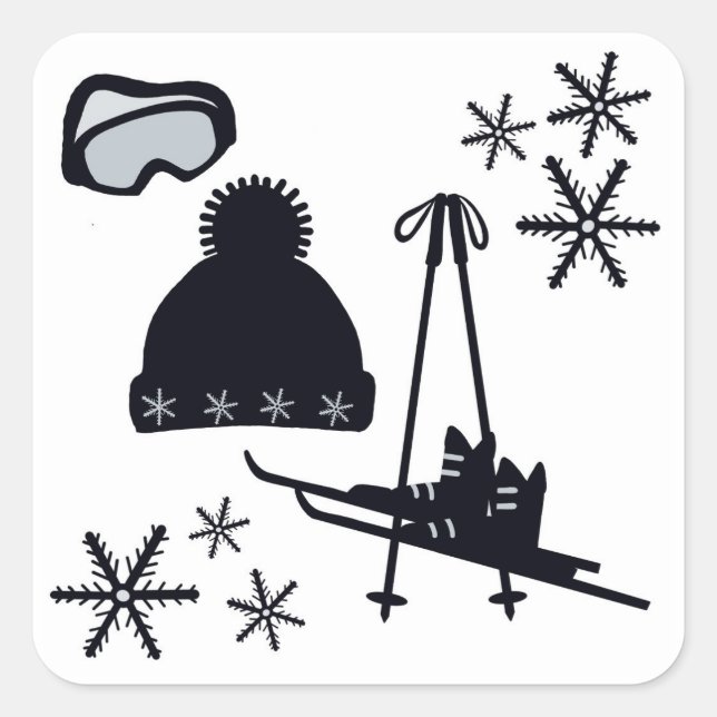 Ski noir & design d'hiver sur autocollants carrés. (Devant)