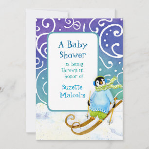 Ski Ski Snowboard Penguin Baby shower Invitation