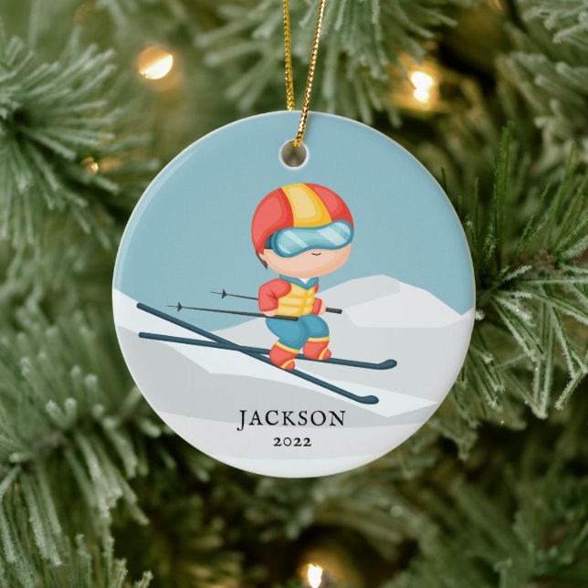 Skier Garçon Personnalisé Noël Ornement en céramiq (Arbre)