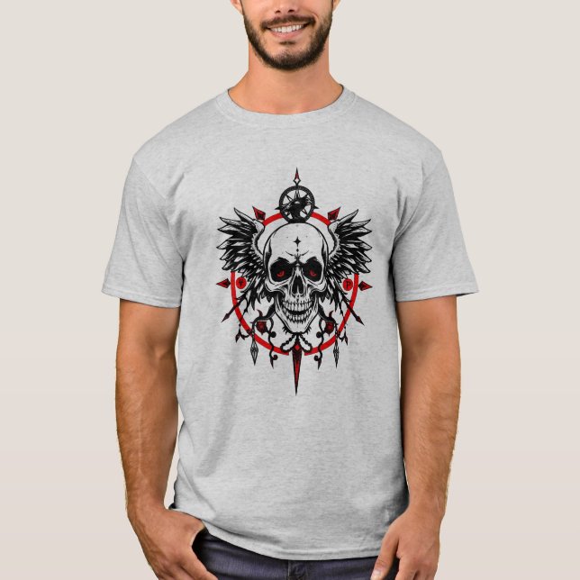 Skull Compass T-Shirt – Gothic Wings & Red Eye Hor (Devant)