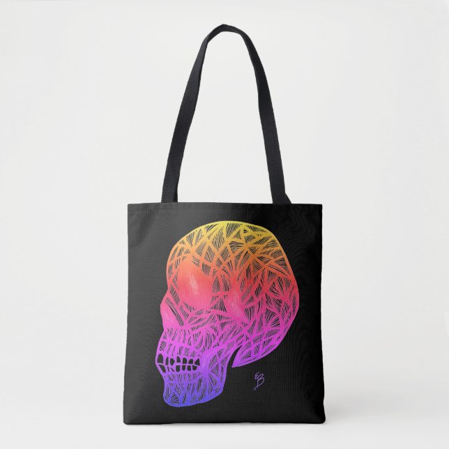 Skull Print Tote Bag With Sunset Colors Skull (Devant)