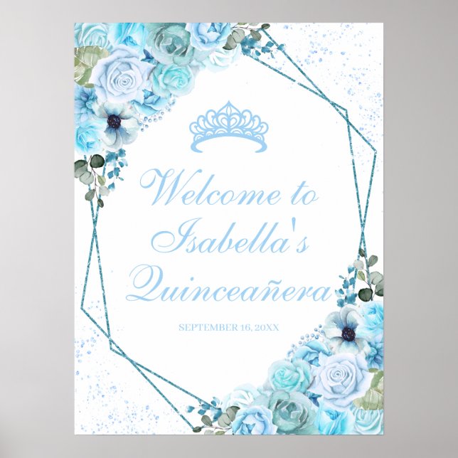 Sky Blue Floral Quinceanera Affiche de bienvenue (Devant)