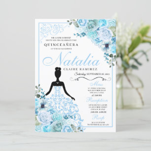 Sky Blue Floral Quinceanera Invitation Anniversair