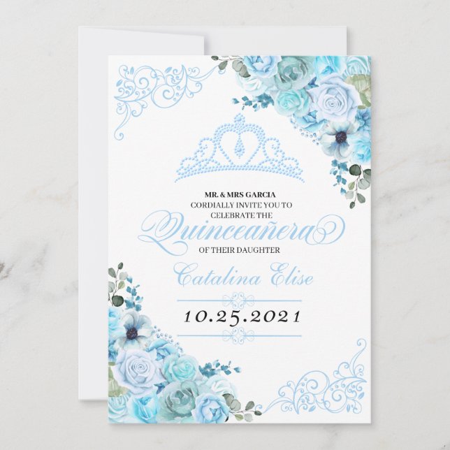 Sky Blue Floral Quinceanera Invitation Anniversair (Devant)