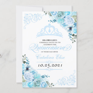 Sky Blue Floral Quinceanera Invitation Anniversair