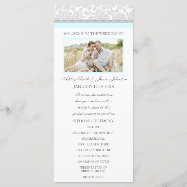 Sky Blue Grey Damask Photo Wedding Programme (Devant)
