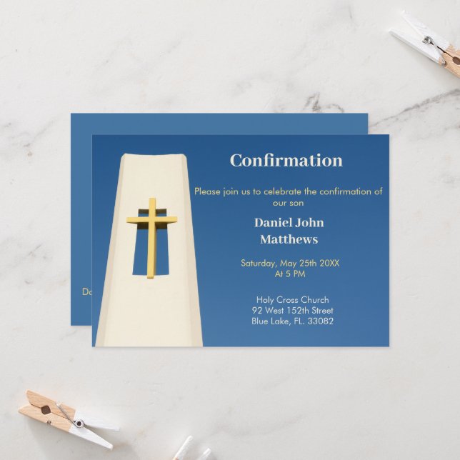 Sky Blue Holy Cross Confirmation Invitation (Devant/Arrière en situation)