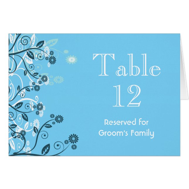 Sky Blue Modern Floral Mariage Numéro de table (Devant Horizontal)