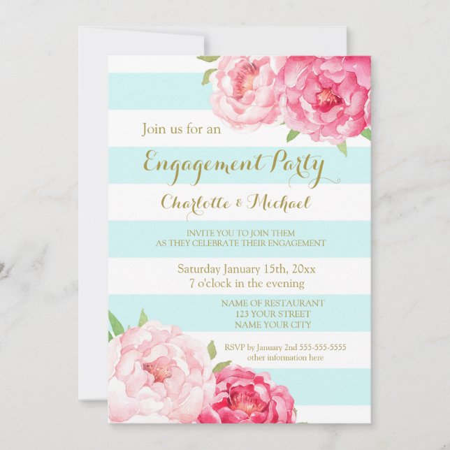 Sky Blue Stripes Pink Engagement Party Invitation (Devant)