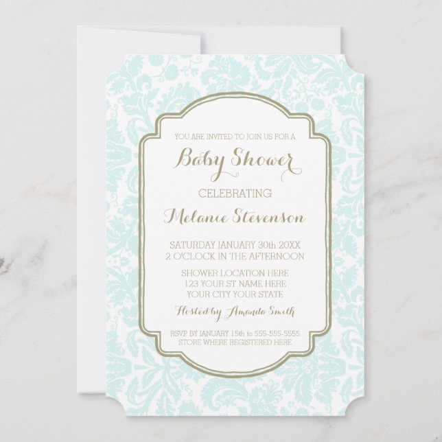 Sky Blue Tan Damask Custom Baby Shower Invitations (Dos)
