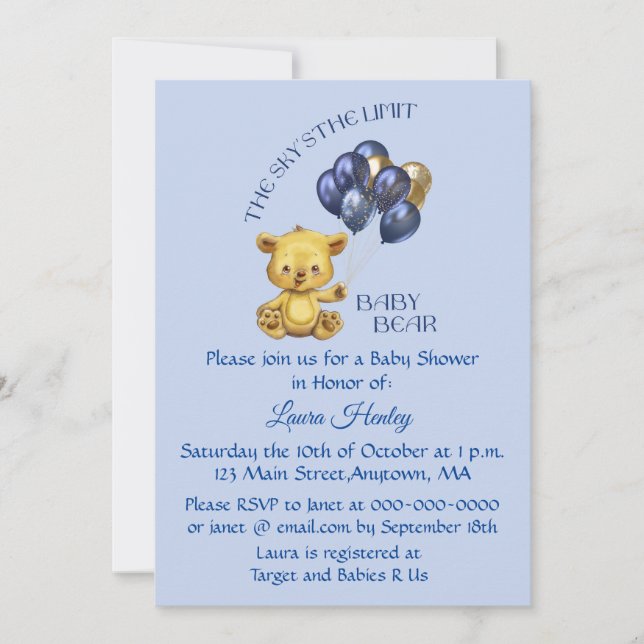 Sky's the Limit Baby Bear Blue Shower Invitation (Devant)