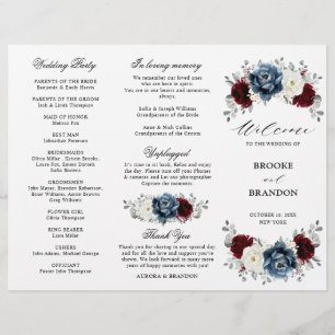 Slate Blue Burgundy Boho Mariage Tri-Fold Programm