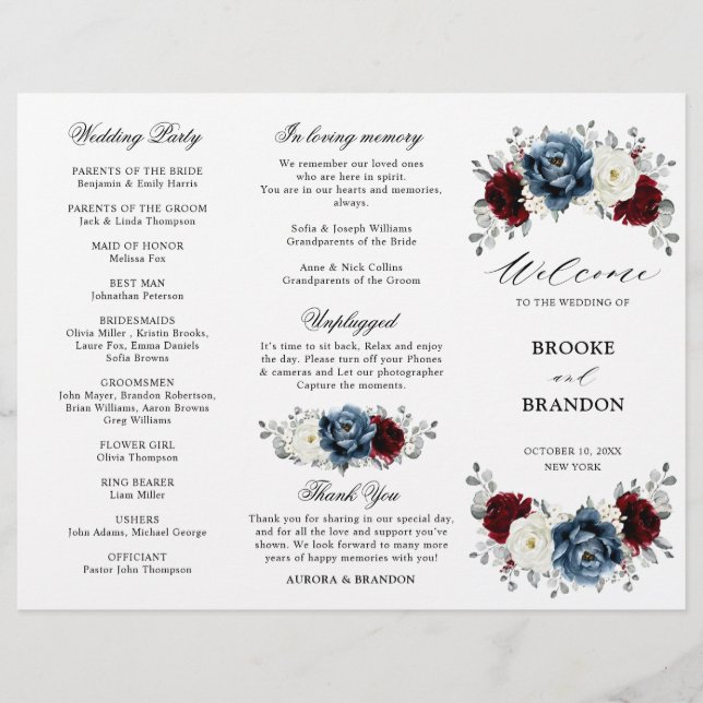 Slate Blue Burgundy Boho Mariage Tri-Fold Programm (Devant)