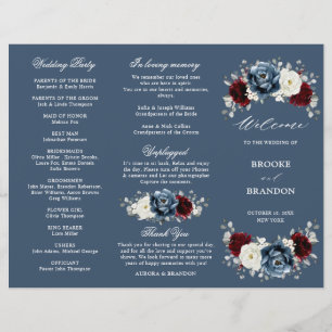 Slate Blue Burgundy Boho Mariage Tri-Fold Programm