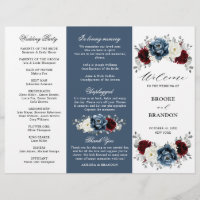 Slate Blue Burgundy Boho Mariage Tri-Fold Programm