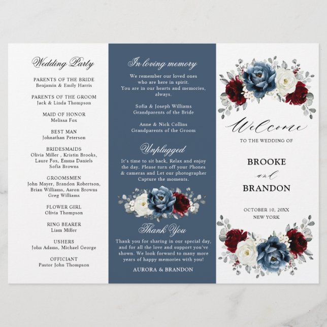 Slate Blue Burgundy Boho Mariage Tri-Fold Programm (Devant)