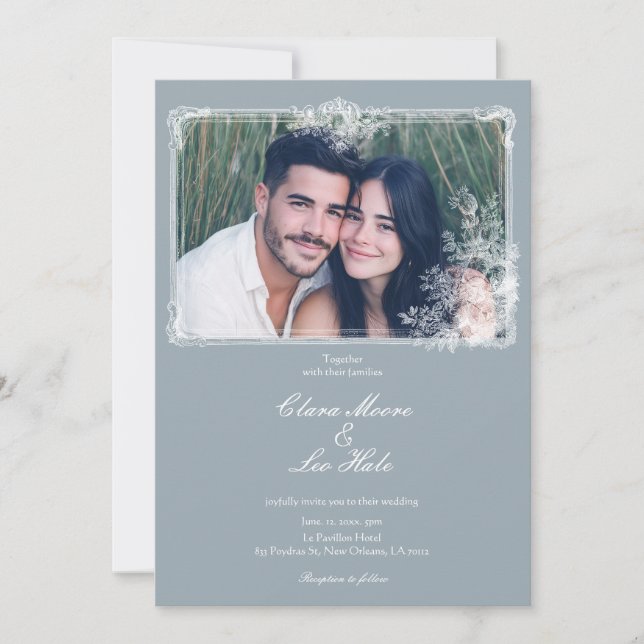 Slate Blue French Country Wedding Photo Invitation (Devant)