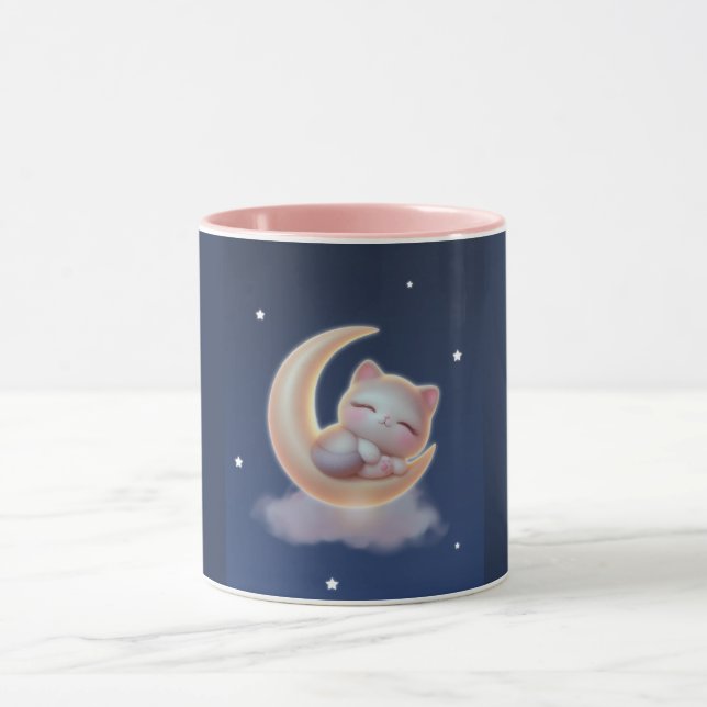 Sleeping Kitten on Moon – Cute Kawaii Cat Mug (Centre)