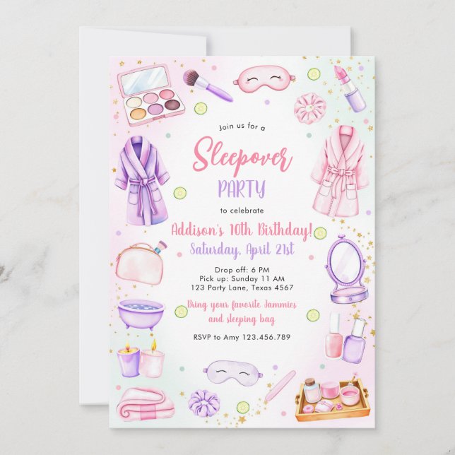 Sleepover Party Girl Spa Pink Birthday Invitation (Devant)