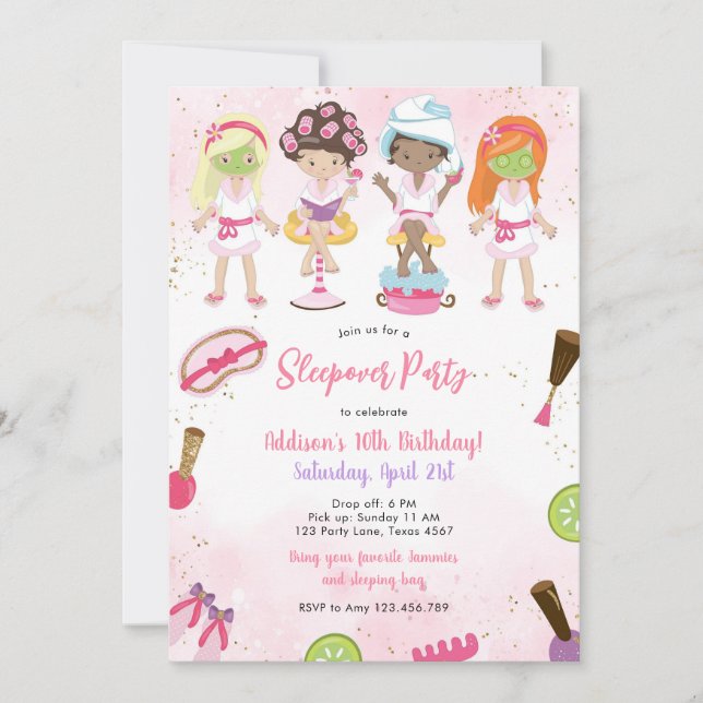 Sleepover Party Girl Spa Pink Birthday Invitation (Devant)