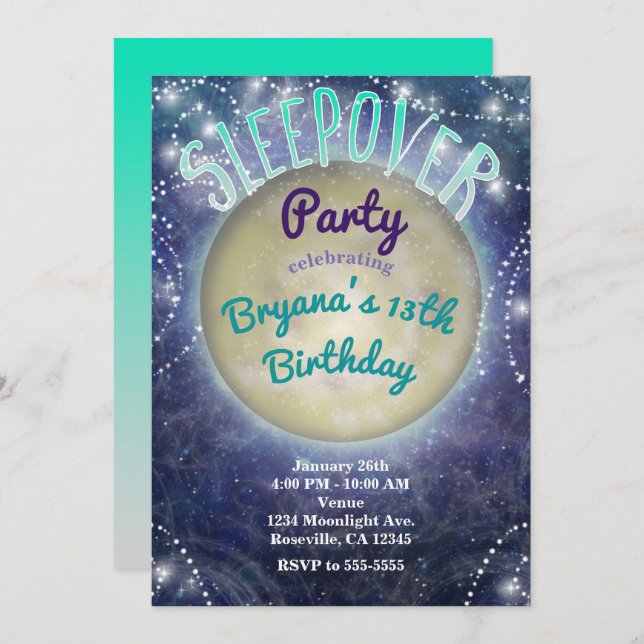 Sleepover Party Moon in the Night Sky Invitations (Devant / Derrière)