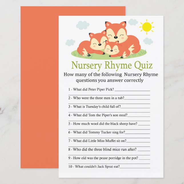 Sleepy fox Nursery Rhyme Quiz jeu de baby shower (Devant / Derrière)