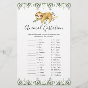 Sleepy Sloth Baby shower Animal Gestation Jeu