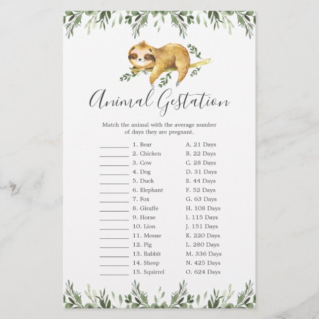 Sleepy Sloth Baby shower Animal Gestation Jeu (Devant)