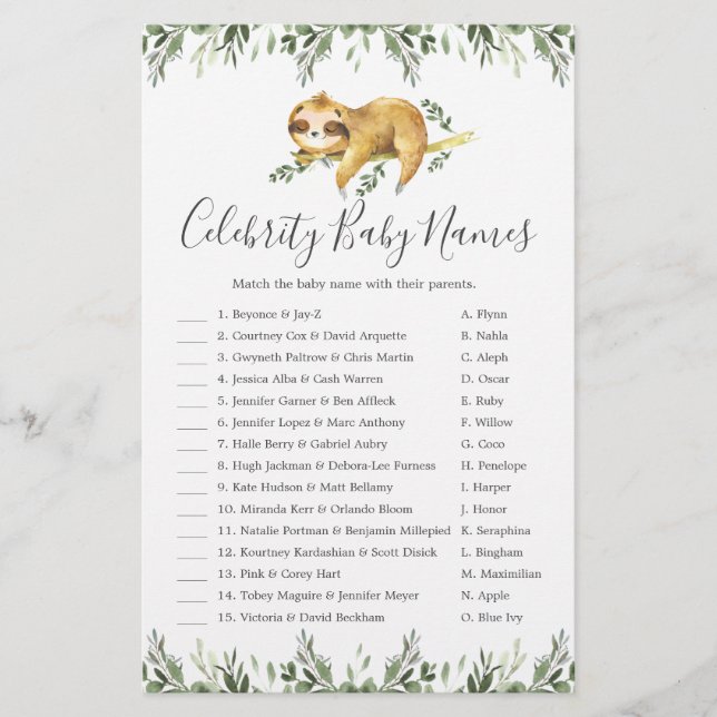 Sleepy Sloth Baby shower Celebrity Baby Names Jeu (Devant)