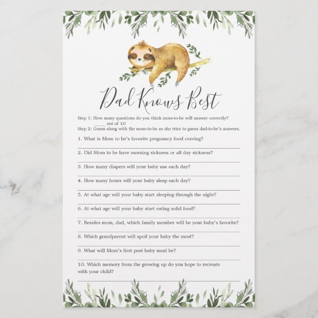 Sleepy Sloth Baby shower Papa connaît le meilleur  (Devant)