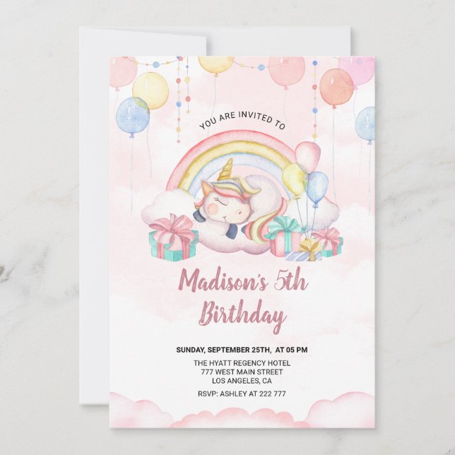 Sleepy Unicorn Invitation Anniversaire (Devant)