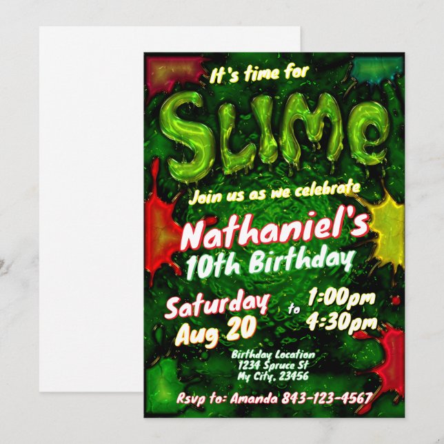 Slime anniversaire invitation enfants soirée slime (Devant / Derrière)