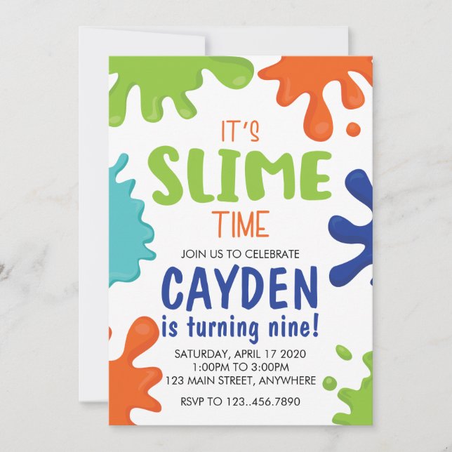 Slime Birthday Invitation Vert, bleu et orange (Devant)