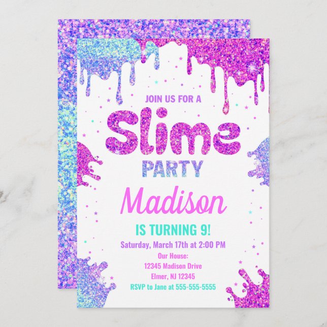 Slime Party Anniversday Invitation Parties scintil (Devant / Derrière)
