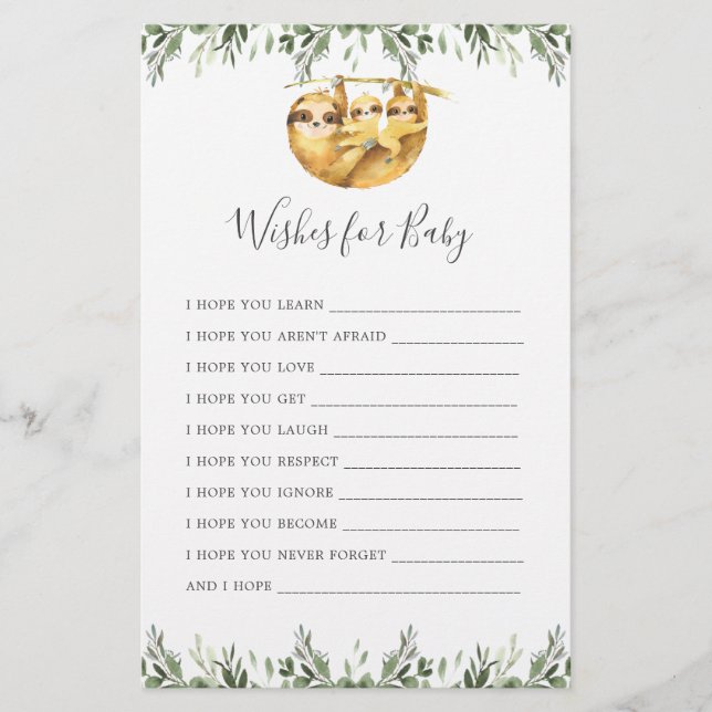 Sloth Animals Baby shower Voeux Pour Bébé (Devant)