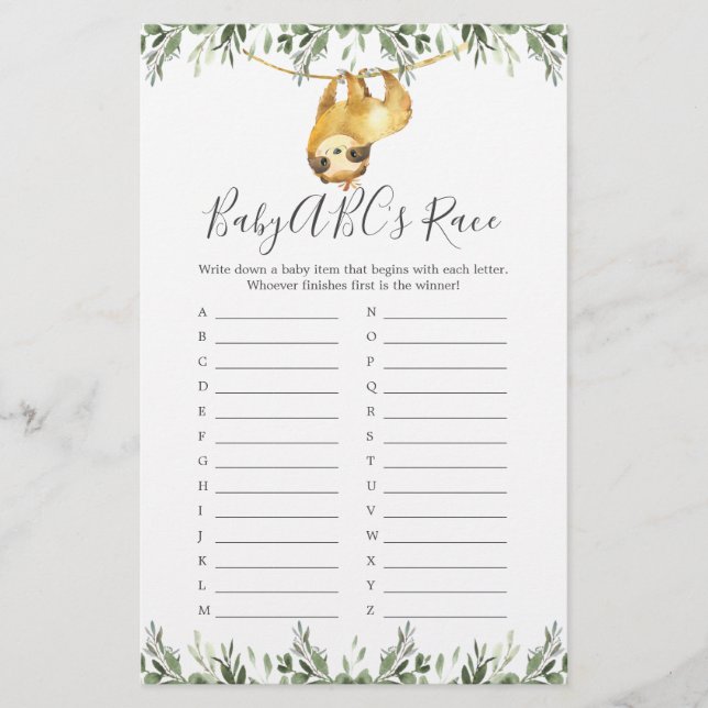 Sloth Baby shower ABC's Race Game (Devant)