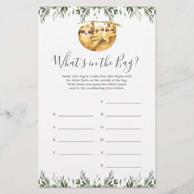 Sloth Baby shower Devinez ce qu'il y a dans le jeu (Devant)