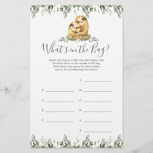 Sloth Baby shower Devinez ce qu'il y a dans le jeu (Devant)