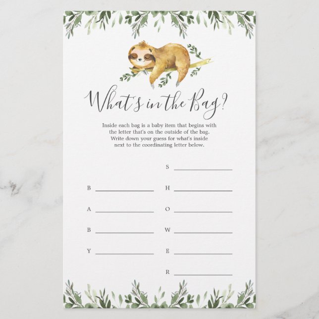 Sloth Baby shower Devinez ce qu'il y a dans le jeu (Devant)