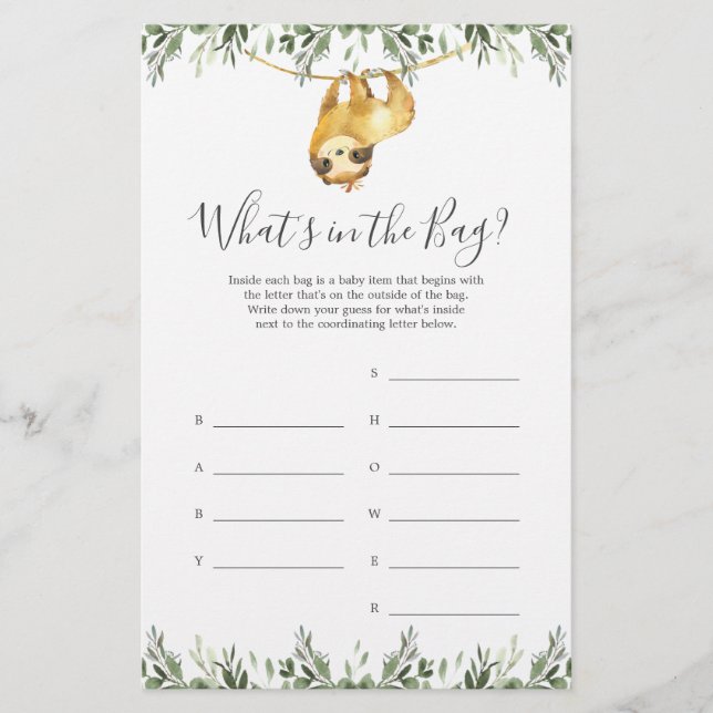 Sloth Baby shower Devinez ce qu'il y a dans le jeu (Devant)