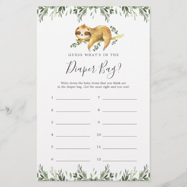 Sloth Baby shower Devinez ce qu'il y a dans le sac (Devant)
