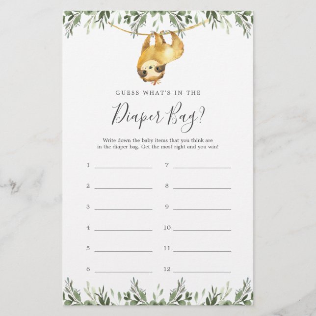 Sloth Baby shower Devinez ce qu'il y a dans le sac (Devant)