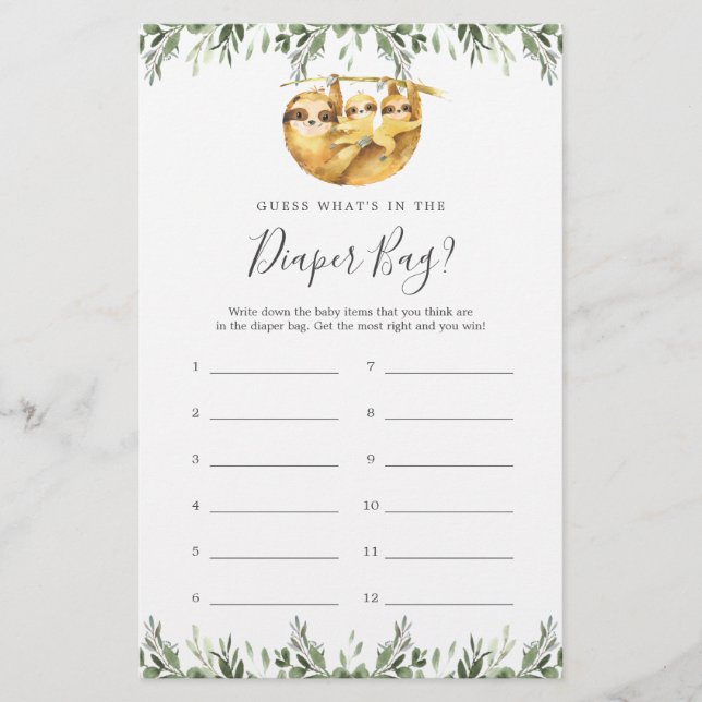 Sloth Baby shower Devinez ce qu'il y a dans le sac (Devant)