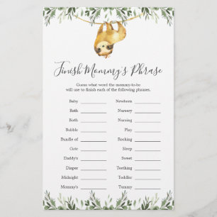 Sloth Baby shower Finish Mommy's Phrase Game