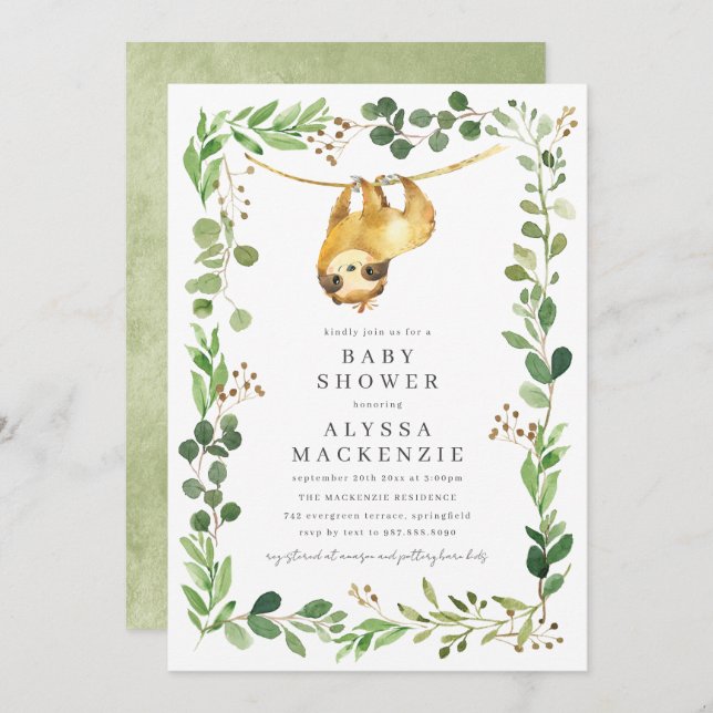 Sloth Baby Shower Invitation (Devant / Derrière)