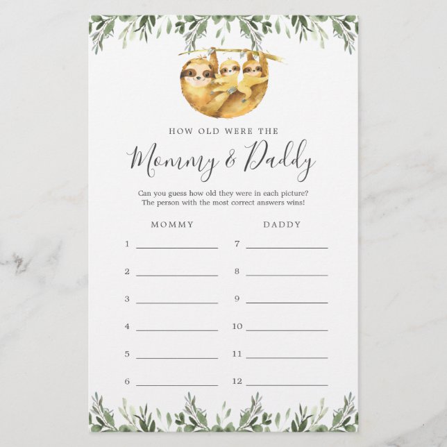 Sloth Baby shower Quel Âge Avaient-Ils Jeu Carte (Devant)