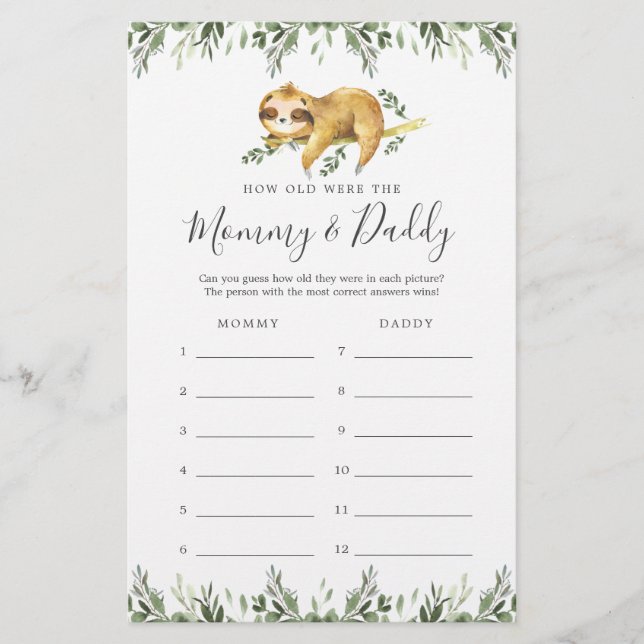 Sloth Baby shower Quel Âge Avaient-Ils Jeu Carte (Devant)