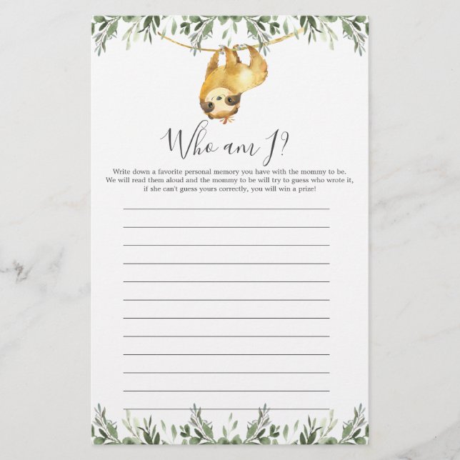 Sloth Baby shower Qui Suis-Je Jeu (Devant)